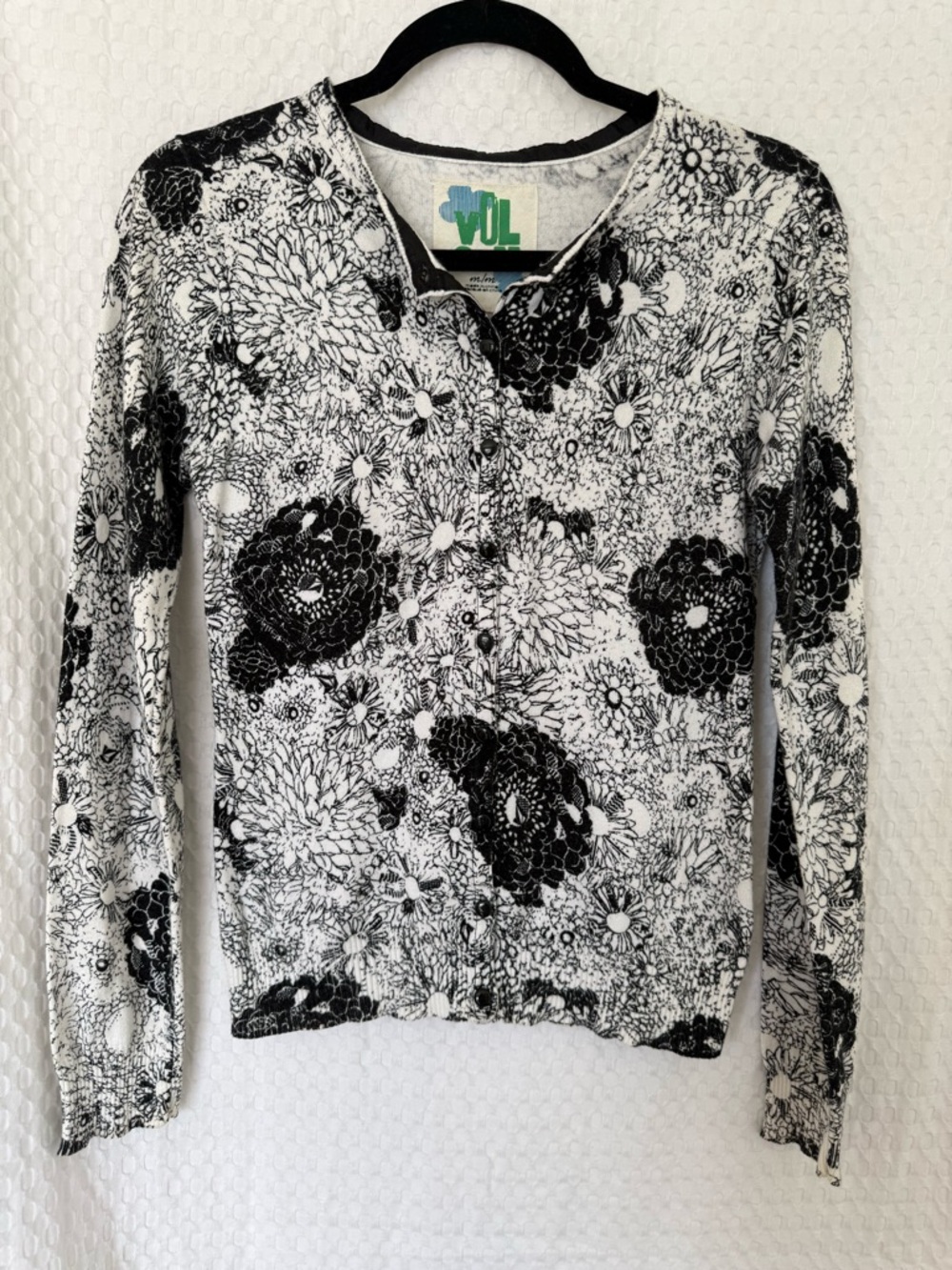 Y2K Volcom Floral Cardigan Black White Button Front Grunge Indie M